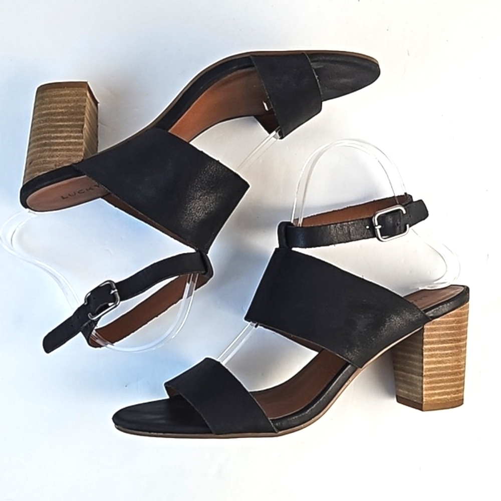 Lucky Brand Jodalee Black Leather Ankle Strap Wooden Stacked Block Heel Sandal - Picture 10 of 16